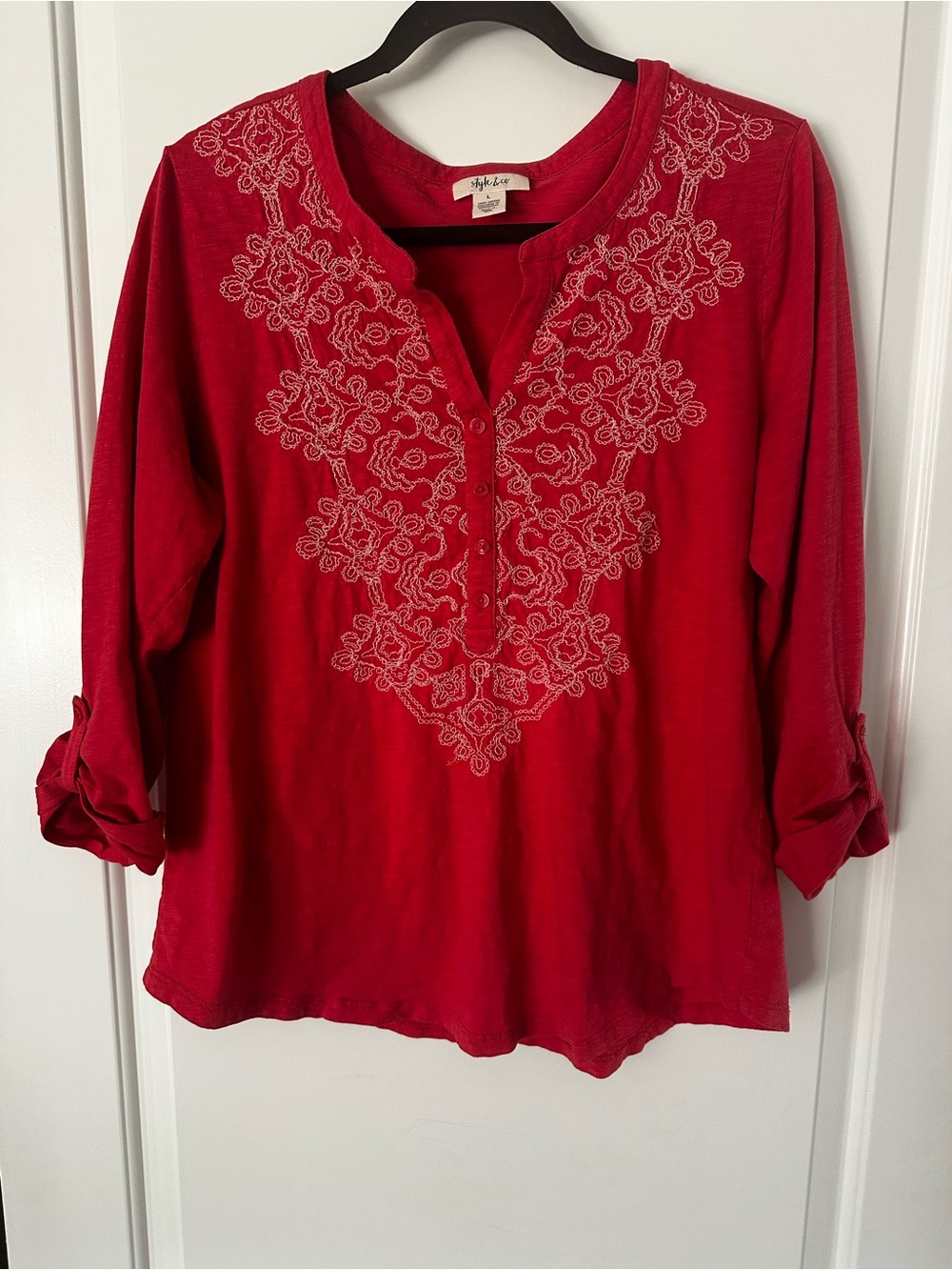 Style & Co. Red Tunic Top with Cream Embroidery